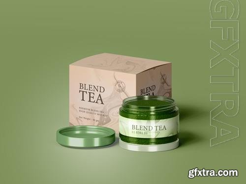 PSD glossy blend tea container and box branding mockup
