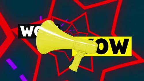 Videohive - Digital animation of wow text and megaphone icon spinning against stars shapes on blue background - 43354325 - 43354325