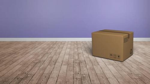 Videohive - Animation of cardboard box falling on wooden floor with purple wall in the background - 43354364 - 43354364