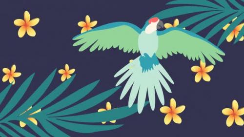 Videohive - Animation of exotic parrot with spread wings moving over yellow flowers and palm leaves on purple - 43356071 - 43356071