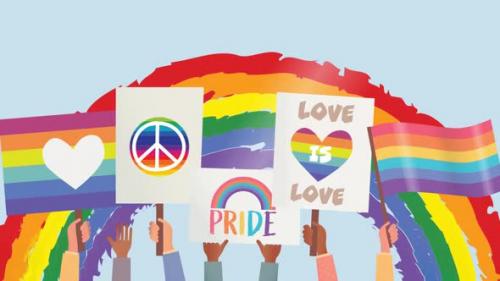 Videohive - Animation of lgbtq demonstration posters and rainbow flags over rainbow - 43356074 - 43356074