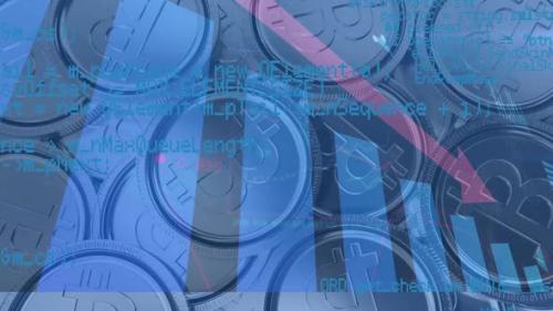 Videohive - Animation of financial data processing with red arrow descending over bitcoins - 43356077 - 43356077