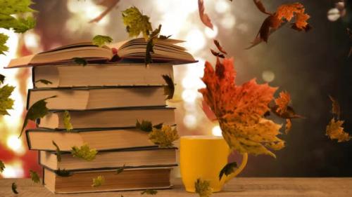 Videohive - Animation of stack of books with autumn leaves falling over glowing lights - 43356081 - 43356081