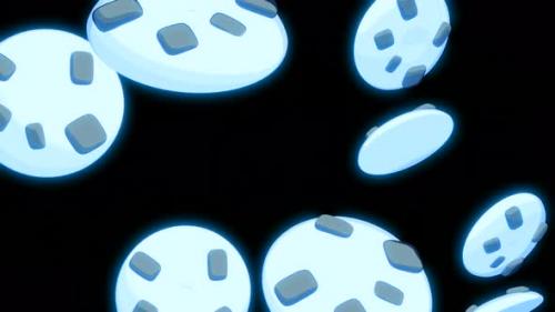 Videohive - Many Blue Neon Round Cookies with Chocolate Chips Rotating and Falling Down on a Black Background - 43411165 - 43411165