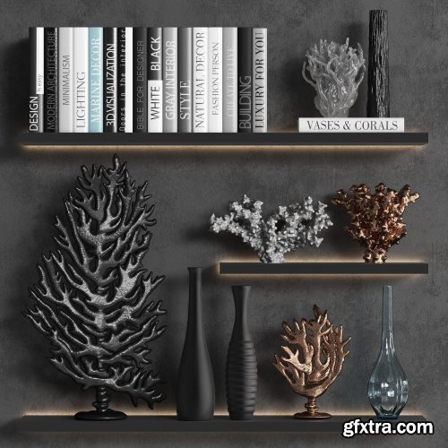 Decorative set of organic coral with books and vases