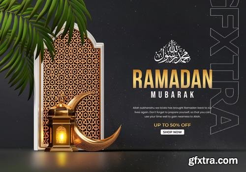 PSD ramadan kareem islamic design banner template with 3d mosque and islamic ornaments