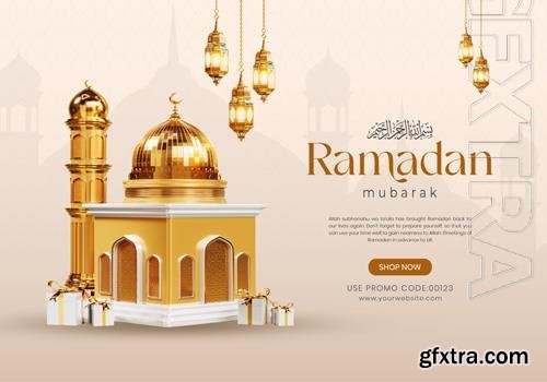 PSD ramadan kareem banner template with cute 3d podium mosque and islamic ornaments