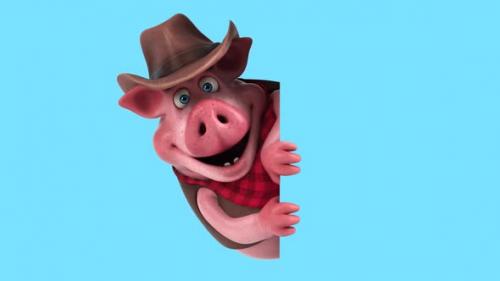 Videohive - Fun 3D cartoon cowboy pig with a sign (with alpha channel) - 43423229 - 43423229
