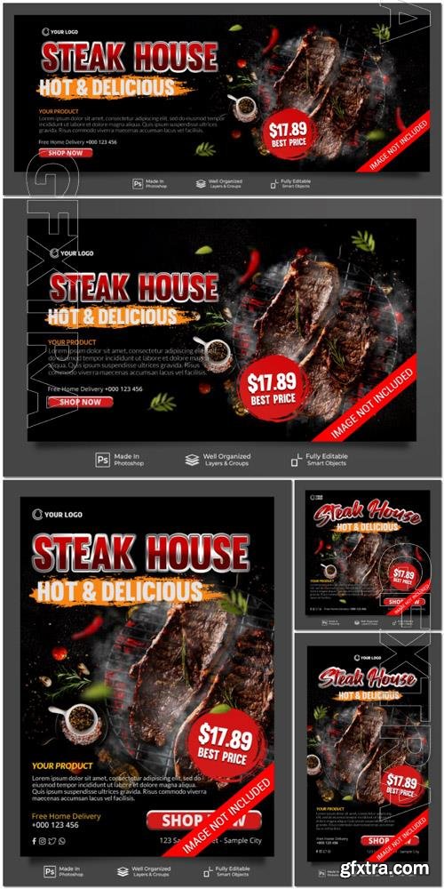 PSD steak house hot and delicious menu restaurant promotion poster banner template