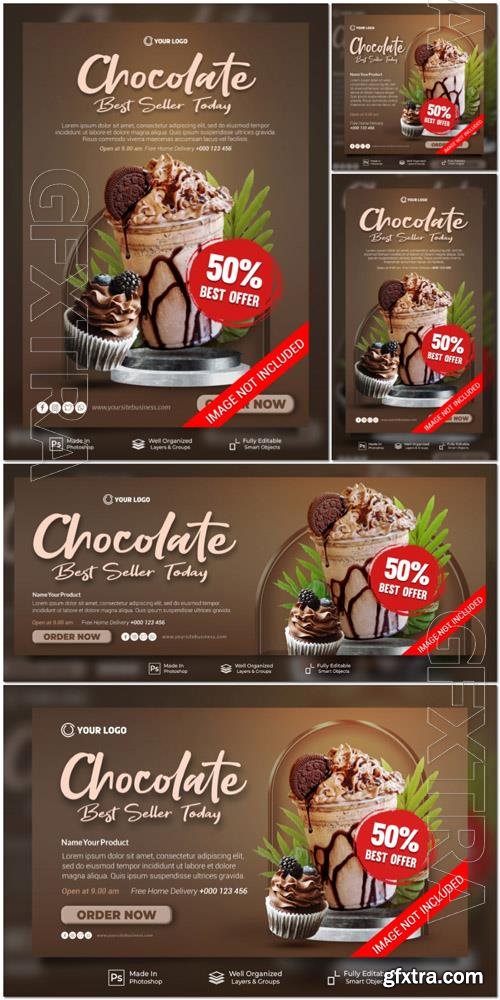 PSD chocolate and cake best seller today menu cafe social media post website banner template
