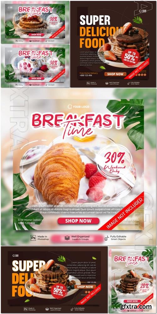 PSD breakfast time sweet cake fruit menu restaurant promotion social media post website banner template