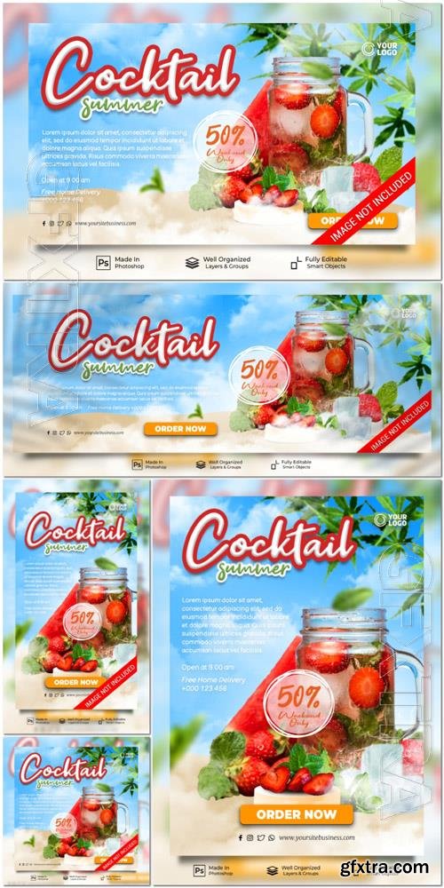 PSD fresh cocktails summer new drink menu restaurant social media post website banner template