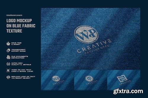 Logo mockup on blue fabric texture 58N6GDQ