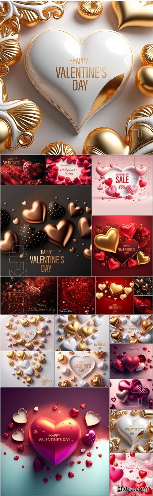 PSD set of valentine's day 3d background with gold and red beautiful heart