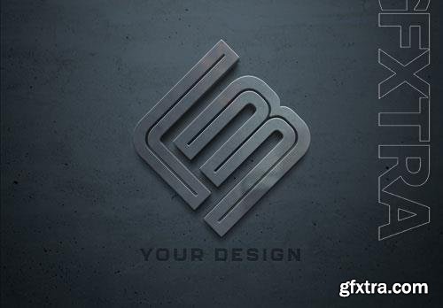 PSD metal logo with 3d effect on dark wall mockup