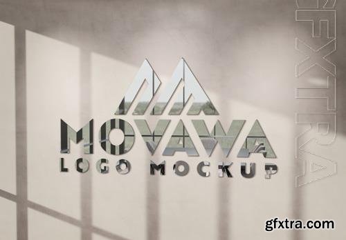 PSD logo with 3d glossy metal effect on sunlit wall mockup