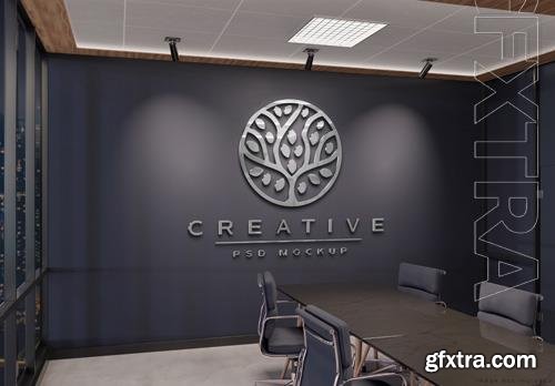 PSD logo on office wall with 3d metal effect mockup