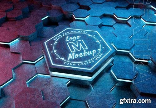 PSD logo on futuristic hexagon pedestal mockup