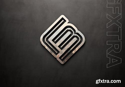PSD metal logo with 3d effect reflection on dark concrete wall mockup