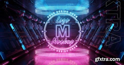 PSD neon logo hologram with glowing effect mockup