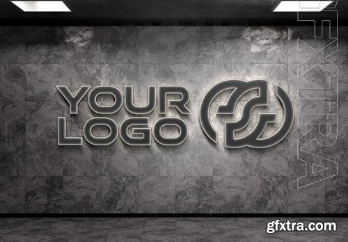 PSD neon logo on underground wall with 3d metal effect mockup