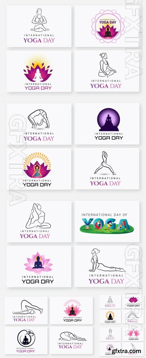 Vector international yoga day logo collection with woman yoga pose and lord buddha