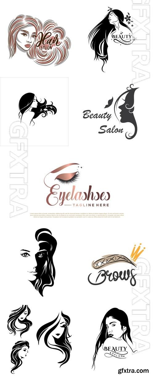 Beauty salon logo design with beautiful girl illustration and calligraphy