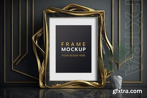 PSD gold designer frame in dark modern interior mockup