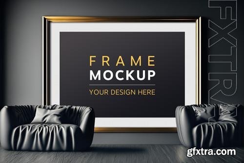 PSD gold frame in dark modern living room mockup