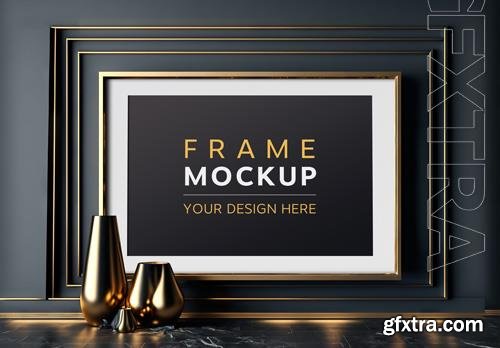 PSD gold frame in dark modern interior mockup