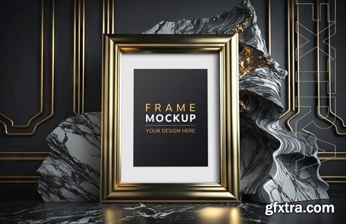 PSD gold frame on black marble stone interior mockup