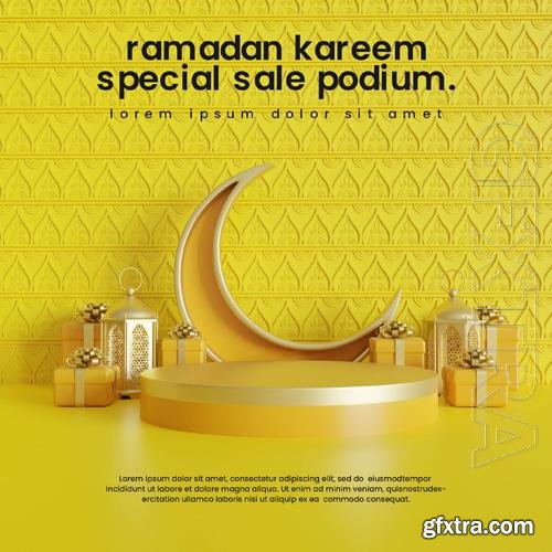 PSD colorful ramadan podium with lantern and giftbox