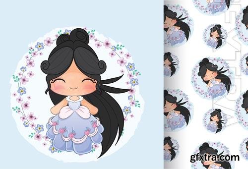 Vector cute little girl with flowers, seamless patterns