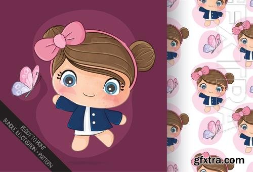 Vector cute little girl with butterfly, seamless patterns