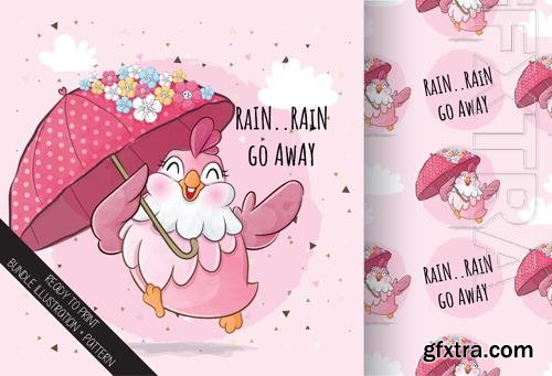 Vector cute mom chicken happy alone wit umbrella illustration pattern set