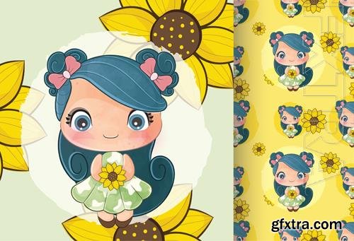 Vector cute little girl with sun flowers, seamless patterns