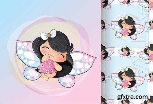 Vector cute little angel girl, seamless patterns