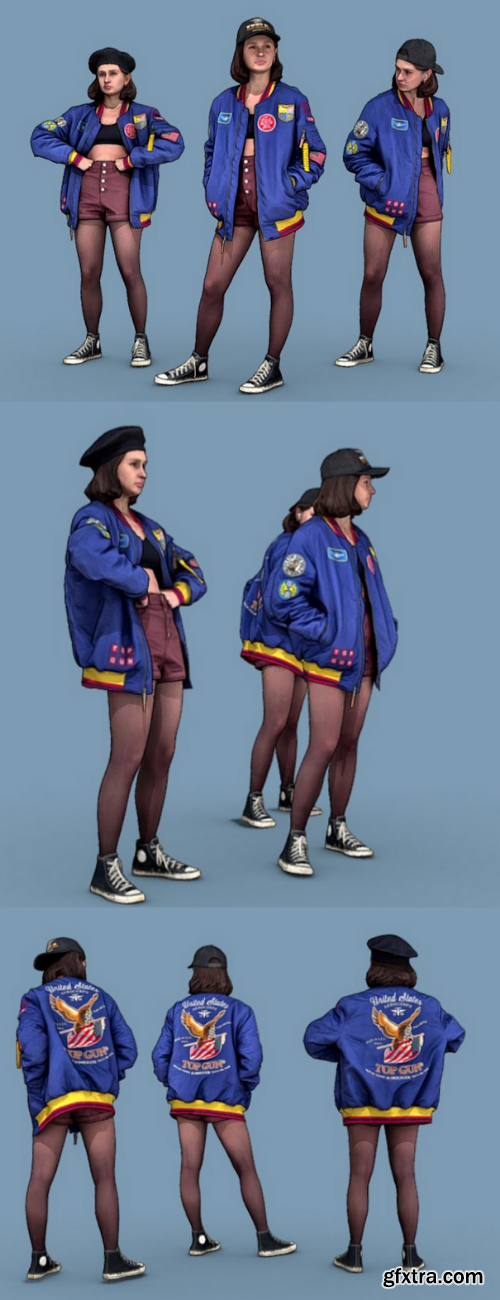 Cheeky Girl in a Blue Bomber Jacket 3D Model