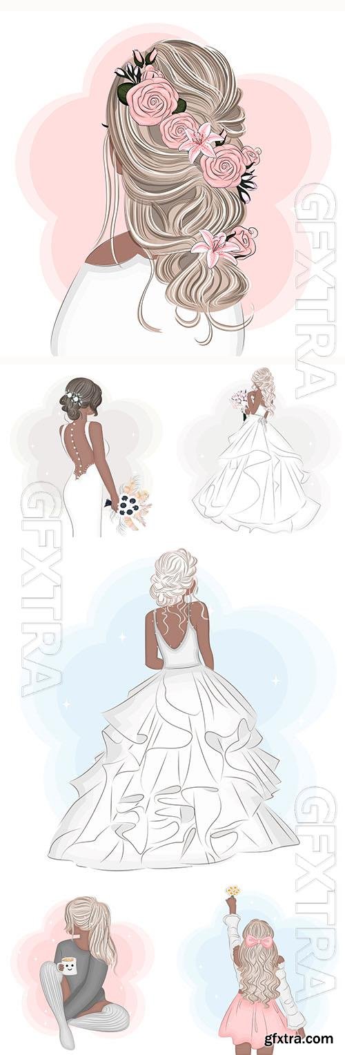 Vector girl stylish, bride in wedding dress