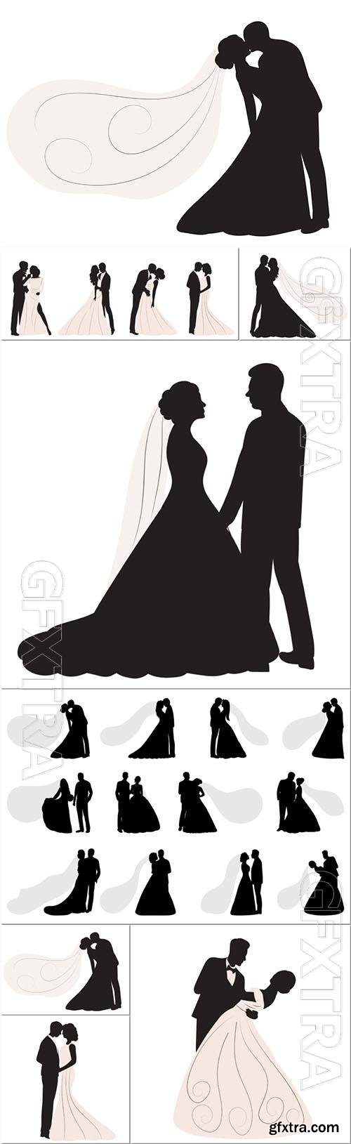 Bride and groom silhouette design watercolor vector