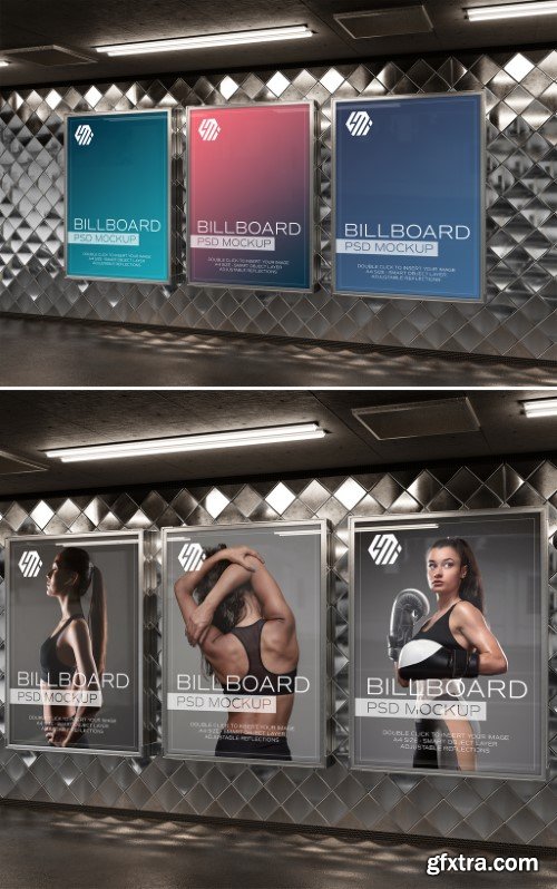 Three Billboards on Underground Subway Wall Mockup