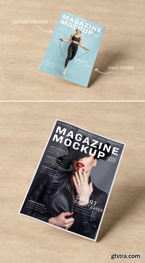 Magazine Cover Mockup Floating on Wooden Background