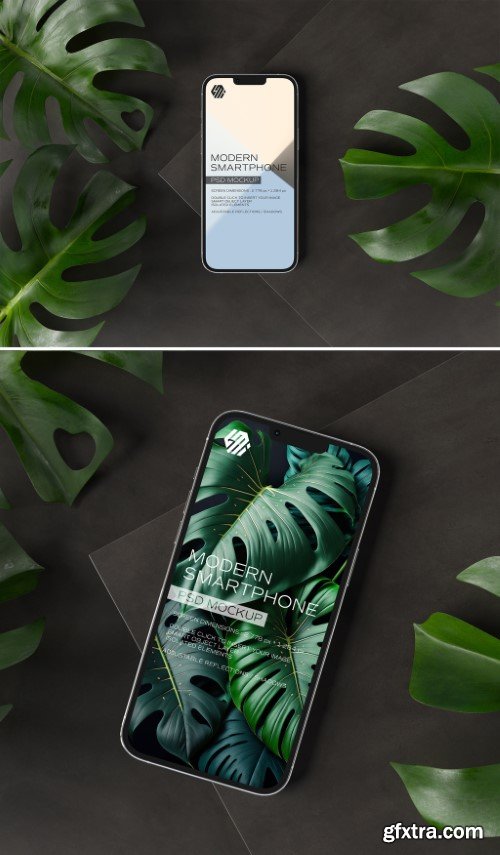 Mobile Phone Mockup on Black Concrete Display with Leaves