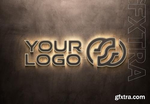 PSD neon logo on concrete wall with 3d metal effect mockup