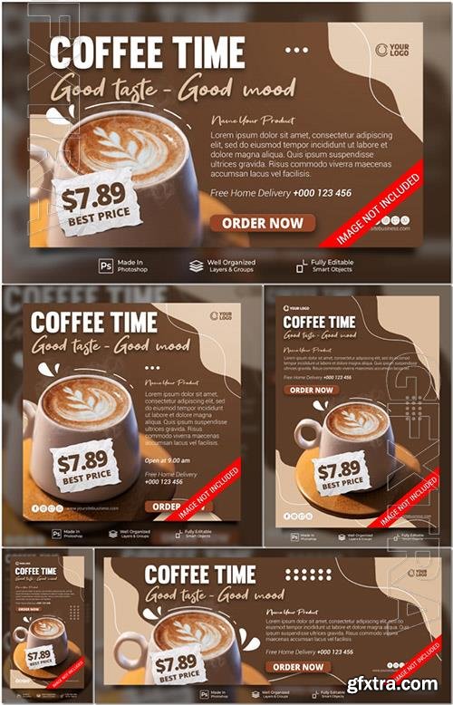 PSD coffee time new drink menu cafe for promotion social media post website banner template