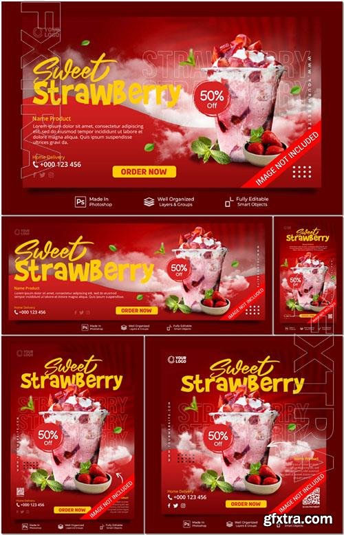 PSD sweet strawberry drink menu restaurant for promotion website banner template