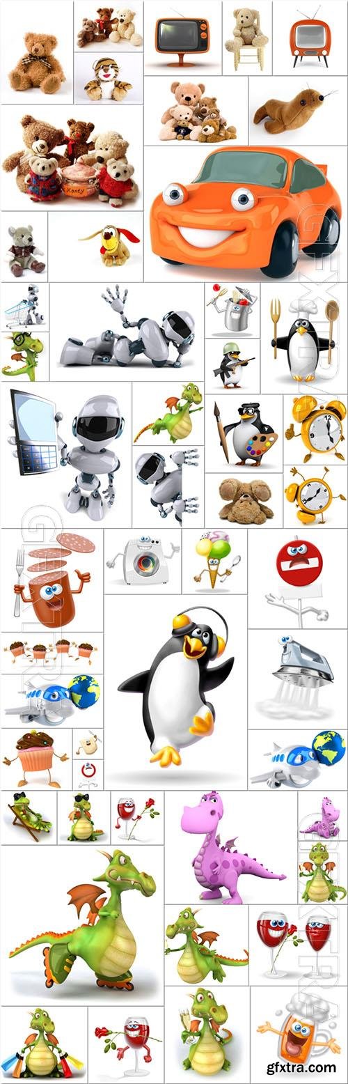 Cartoon 3d animals, toys, objects - 50 stock photo collection