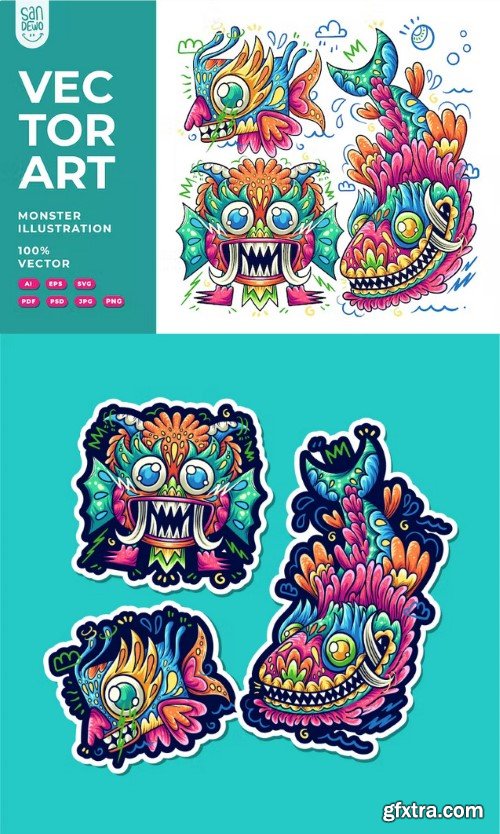 Vector Illustration Cute Monster Colorful