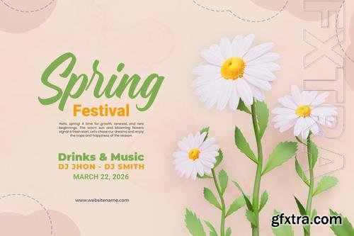 PSD spring festival floral banner with white daisies template design