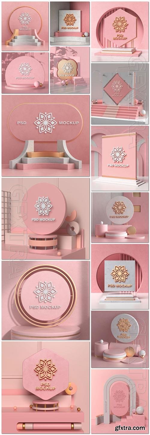 Set of psd podiums in a modern pink style decorated mandala